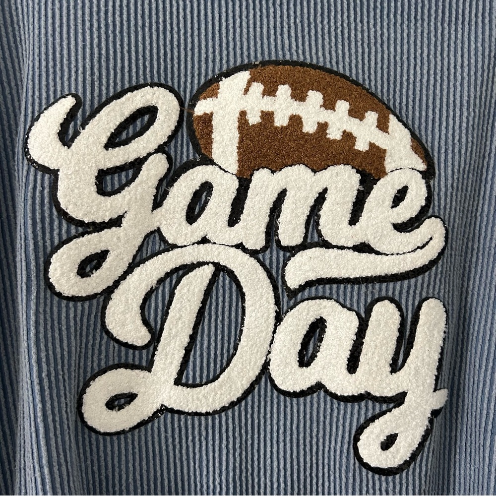 Bucket List Vintage Blue Wash Thermal Game Day Sparkle Football Pullover Sweater - Picture 4 of 9